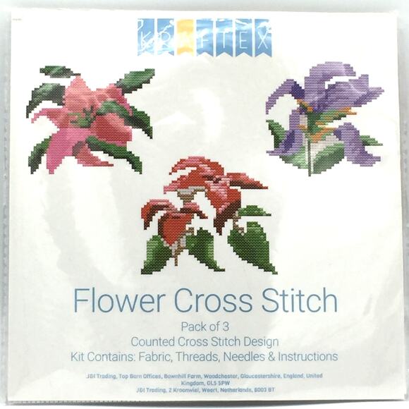 KRAFTEX Floral Stamped Cross Stitch Kits for Beginners 3 Pack NEW - Picture 1 of 4